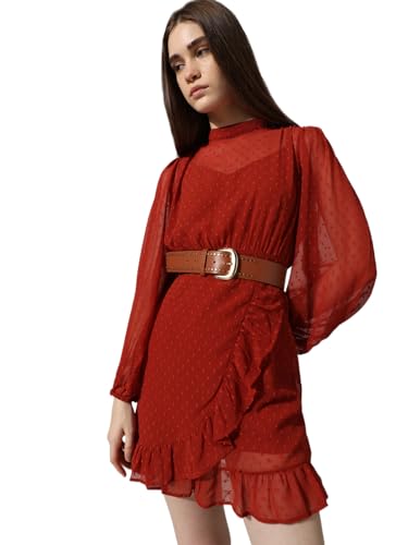 ONLY Women's Polyester Fit and Flare Above The Knee Dress (15338175-Red Ochre_Red