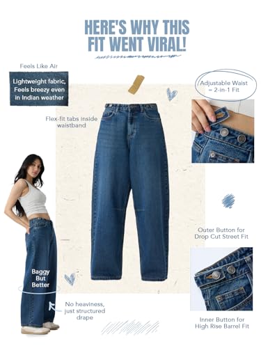 The Souled Store Mirage: Women and Girls Adjustable Waistband with Flex-Fit Tabs Charcoal Grey Washed Cotton Denim Barrel Fit Lightweight Breathable All-Season Everyday Denim Jeans