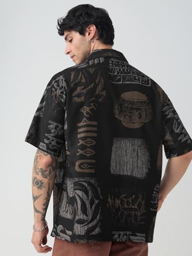 The Souled Store: Echoes of Harappa Men and Boys Short Sleeve Spread Collar Button Front Black Abstract Printed Polyester Viscose Blend Oversized Shirt