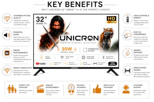 UNICRON 32 Inch Frameless Smart LED TV | Voice Control Android Smart TV | Bluetooth, WiFi, Screen Mirroring | HD Ready Display | HDMI, USB Connectivity | Smart Television for Home | Premium A+