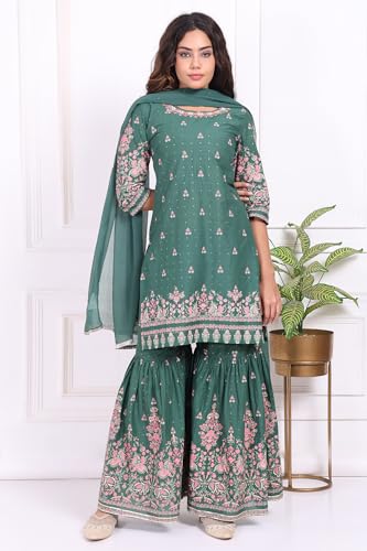 W for Woman Green Floral Printed Cotton Straight Kurta with Sharara and Dupatta Set - (WS13741-127334-L)