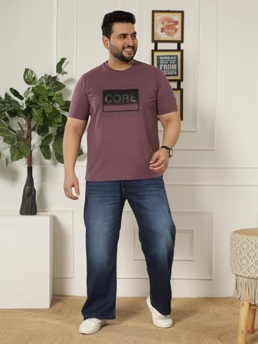 JOHN PRIDE Plus Size Men Regular Fit Printed Short Sleeves Purple Round Neck Stretchable T-Shirt (JPTSR32443_7XL_Purple)