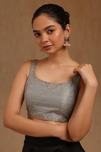 Soch Womens Grey Tussar Embroidered Padded Blouse with Zari