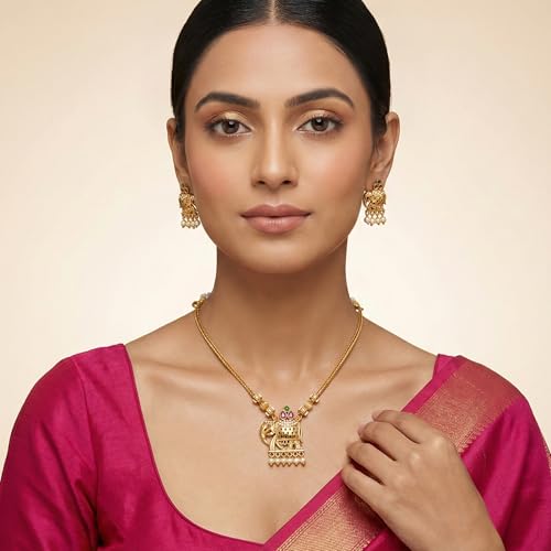 ZYRA JEWELS Elephant Design Traditional Necklace Set with Earrings for Women and Girls – Pearl Drop, Antique Finish, Temple Jewellery set