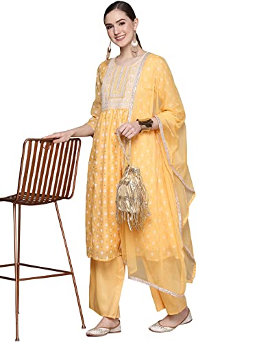 ZIYAA Women's Yellow Chanderi Straight Kurta Palazzo and Dupatta Set (ZISKDCH3931-XL