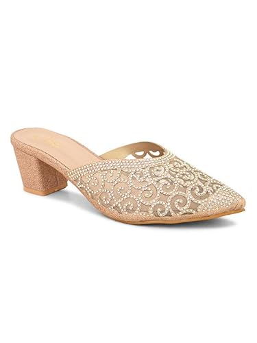 XE Looks Women's Gold Embellished & Stylish Block Heel Mules | Pointed Toe Slip-On with Intricate Rhinestone Design |Fancy & Charm Block Heels For Girls & Women
