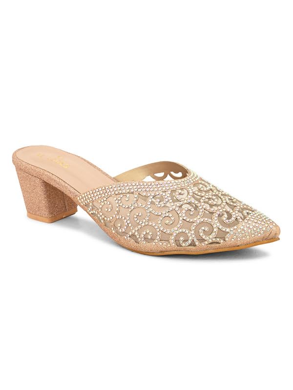 XE Looks Women's Gold Embellished Block Heel Mules | Pointed Toe Slip-On with Intricate Rhinestone Design | Stylish, Fancy & Charm Block Heels For Girls & Women