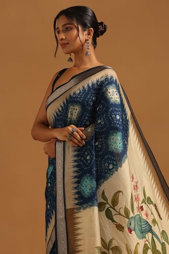 Soch Womens Blue Poly Viscose Botanical Saree