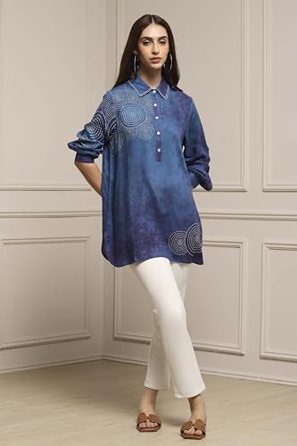 Biba Women Blue Viscose Rayon A-Line Printed Top_40