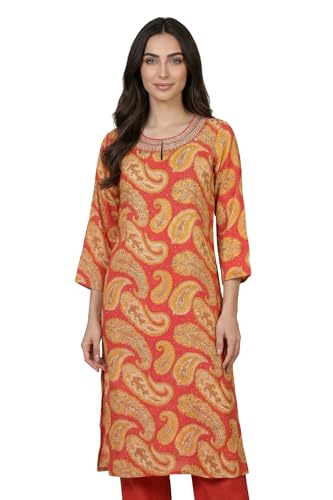 W for Woman Rust Red Paisley Thread Embroidered Modal Straight Kurta - (W14011-127298-XS)