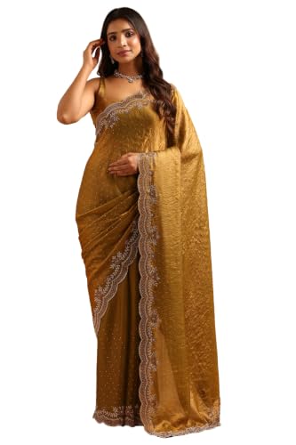 Soch Womens Olive Fendy Organza Stone Work Embellished Saree