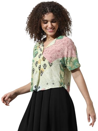 ONLY Women Printed Viscose Crop Length Green Shirt