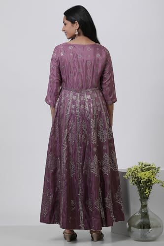 W for Woman Purple Festive Geometric Print Shantung Flared Kurta Set with Parallel Pant_22AUWS18293-119280_XS