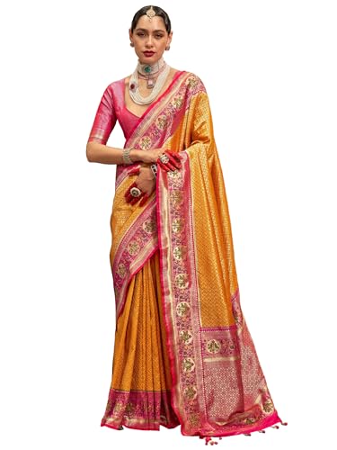 AKHILAM Women's Mustard Silk Blend Ethnic Motif Printed Saree With Unstitched Blouse (CHNDNA508_RW)