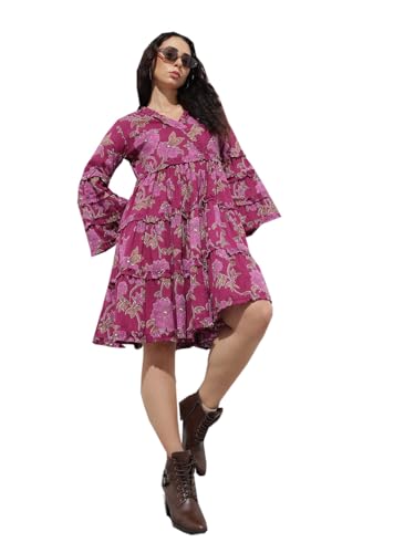 Divena Purple V-Neck Midi Cotton Dress-DK2305