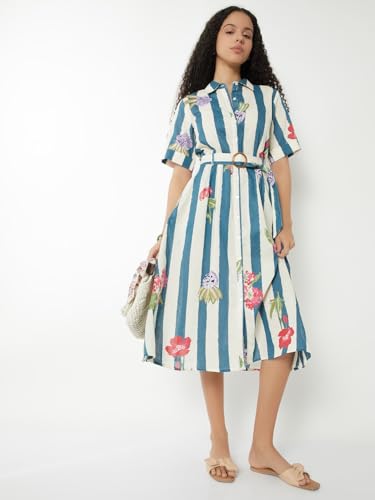 Max Women Printed Belted A-line Shirt Dress(White_L)