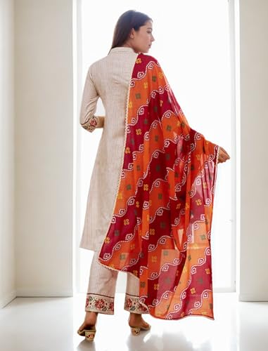 V4M Women's Cream Cotton Blend Floral Embroidered Anarkali Kurti & Plazzo Pant With Dupatta