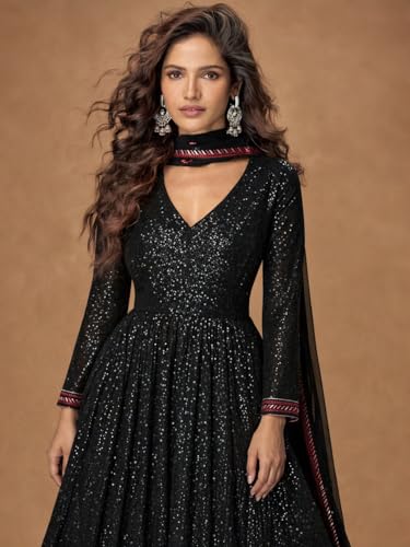Miss Ethnik Women's Black Faux Georgette Stitched Gown with Embroidered Dupatta Full Sleeve Embroidered A-Line Gown (ME-1304-Black-XL)