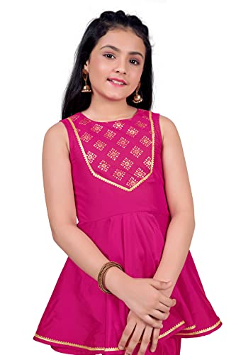 Fashion Dream Girl's Silk Blend Top With Sharara Set (FDGSET00028 PNK 36_Pink_11 Years-12 Years)