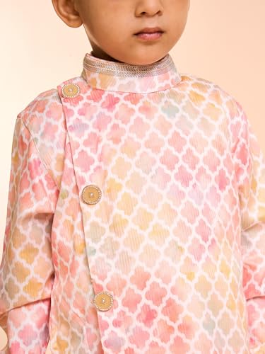 Manyavar Boys Satin Printed Kurta Pyjama Set (Peach,8-10Y)