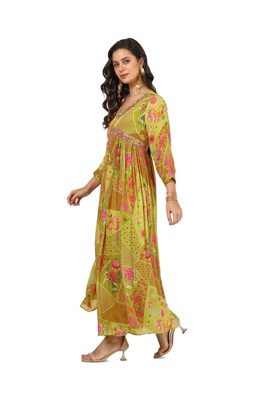 Soch Womens Green Chinon Floral Print Dress with Mirror Work