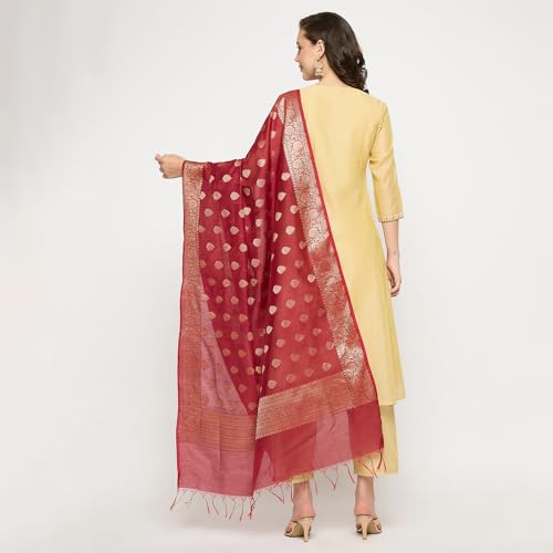 Rangavali Beige Gold Embroidered Festive Anarkali Suit Set | Chanderi Readymade Outfit Kurti, Pant & Banarasi Dupatta for Women | Kurti Set for Ladies | 3 Pcs, M, 34