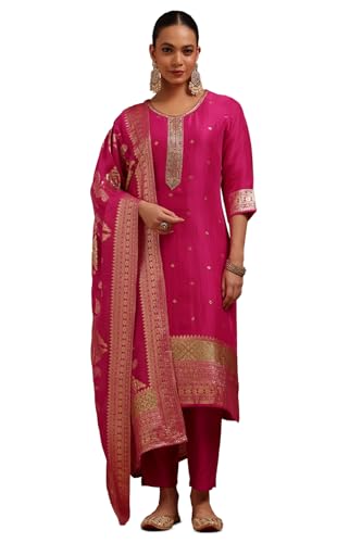 Soch Womens Pink Organza Zari Woven Suit Set With Zardosi