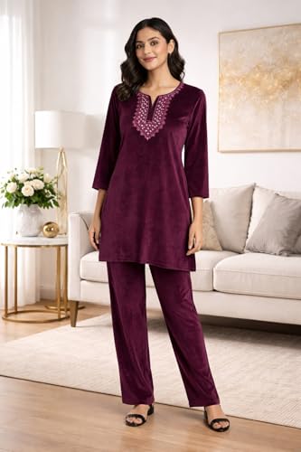 CAMEY Women Woolen|Winter Velvet Kurti & Pajama Set|Kashmiri Design Kurti Set (Wine, M)