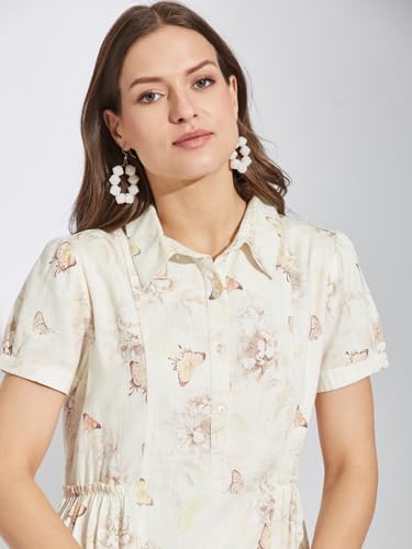 Latin Quarters Women White Collar Neck Half Sleeves Printed Above Knee Shirt Dress for Casual Wear_L