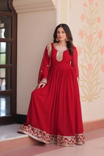 Mehervaa by vinni Red Anarkali Suit Set with Embroidered Dupatta, Long Sleeve Gown Style, Golden Zari Work, Traditional Indian Ethnic Wear (IN, Alpha, 2XL, Regular)