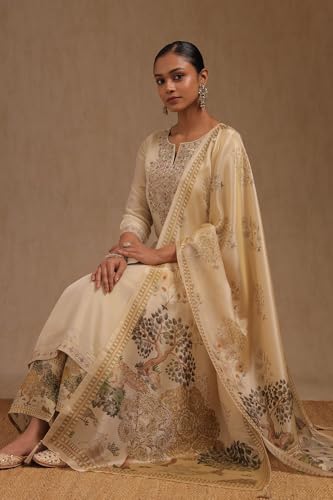 Soch Womens Beige Tissue Suit Set With With Beads and Stones