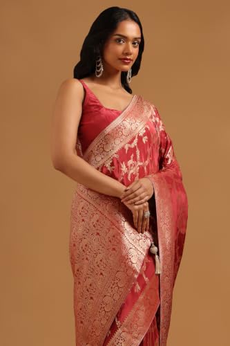 Soch Womens Onion Pink Crepe Botanical Zari Woven Saree
