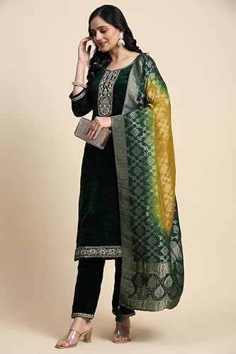 TRENDMALLS Women's Velvet Embroidery Salwar Suit Set Kurta Pant with Dupatta (G234-Green-XXL)