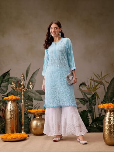 Ada Lucknowi Hand Embroidered Chikankari Straight Georgette Kurti Kurta for Women A95484 Blue (5XL)