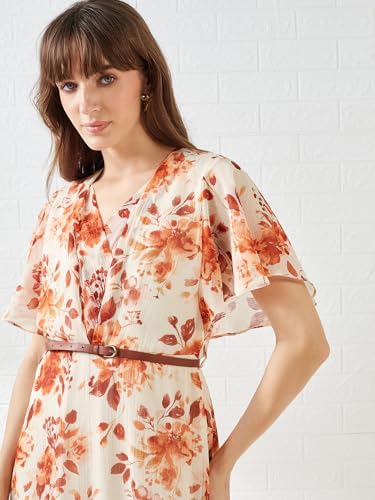 Latin Quarters Women's Rust Short Sleeves V-Neck Printed Casual Maxi Dress_XL