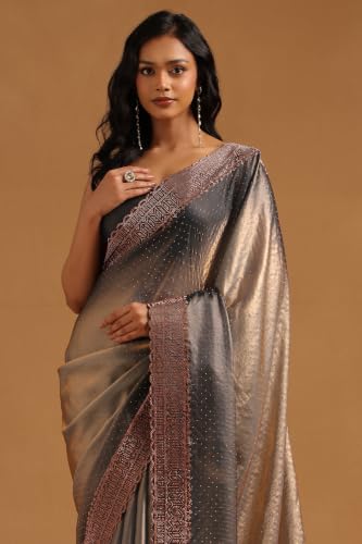 Soch Womens Blue Fendy Organza Ombre Stone Embellished Saree