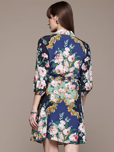 Label RITU KUMAR Navy Miara Collar Neck 3/4 Sleeves Short Dress with Belt