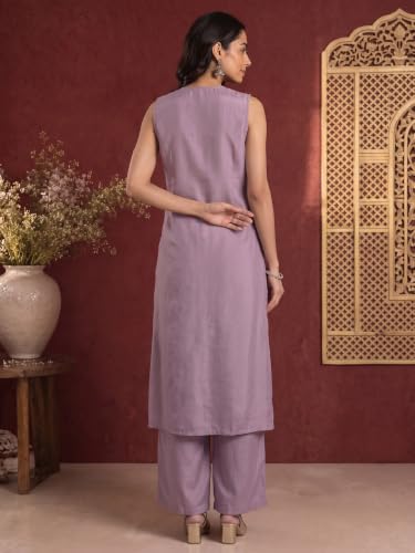 Varanga Women Lavender Kurta Set V Neck Sleeveless Silk Georgette