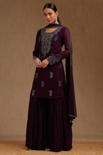 Soch Womens Wine Georgette Suit Set With Mukaish Work