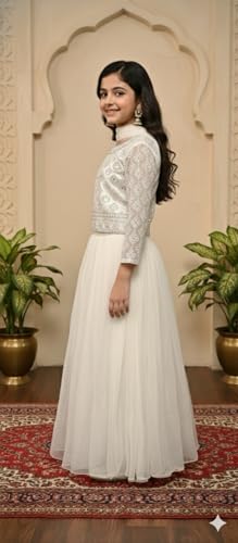 Aarika Girls Ethnic Wear Cream Colour MirrorEmbellished Emroidery Net Lehenga Choli Set With Dupatta-(4-15 Years)-(LCH-MC-02117-CREAM-28)