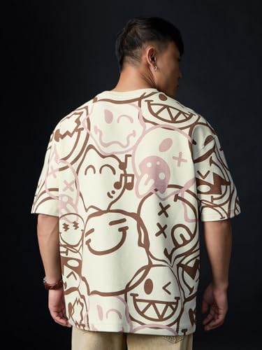 The Souled Store Smiley: All The Feels Men and Boys Short Sleeves Round Neck Off White All Over Printed Casual Lightweight Drop Shoulder Streetwear Trendy Cotton Oversized T-Shirt