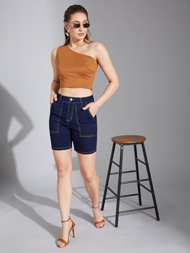 Life With Pockets Women's Regular High Rise Above Knee Stretchable Denim Shorts (LPAW24DEN91-66-71-26, Navy Blue, 26)