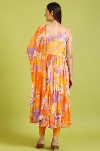 W for Woman Orange Abstract Printed Tiered Spaghetti Kurta and Leggings Set with Dupatta (Size: L)-WS11527-123741