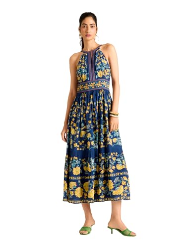 Label RITU KUMAR Navy Florica Sleeveless Printed Long Dress