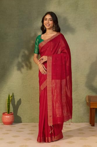 Taneira Red Woven Pure Silk Vanya Bengal SareeWith Unstitched Blouse(SAPH01AC6403-Red)