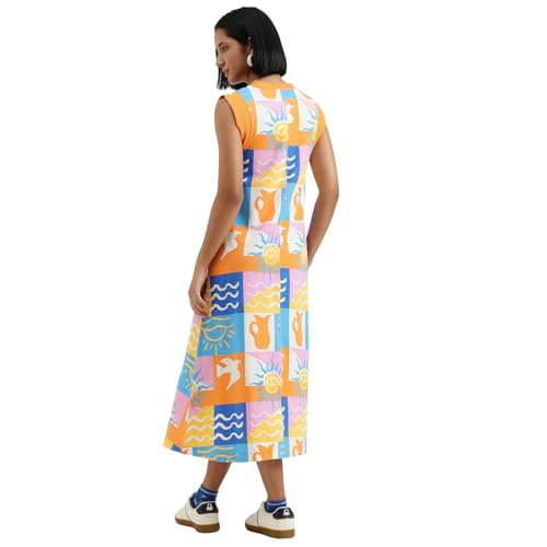 United Colors of Benetton Round Neck Printed Dress (Size : L) - 26P3BL0DV01RG901 Orange