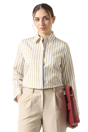 Women Beige Stripe Long Sleeves Formal Shirt