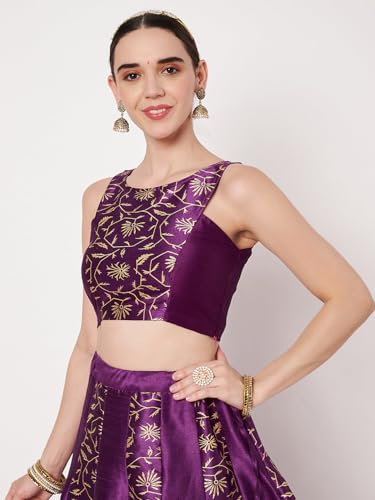 studio rasa Women's Dupion Block Printed Panelled Blouse for Festive Wedding Party (TPWC62554S_Purple_Small)