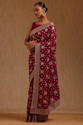 Soch Womens Fuchsia Georgette Embroidered Saree With Stone Work