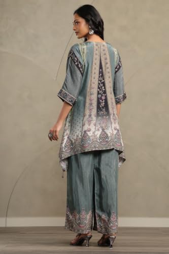 Soch Womens Teal Muslin Ethnic Motifs Printed Co-Ord Set With Beads